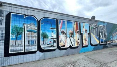 Newton mural on the side of a commercial building near the intersection of 72 Avenue and King George Boulevard in Surrey. (File photo)