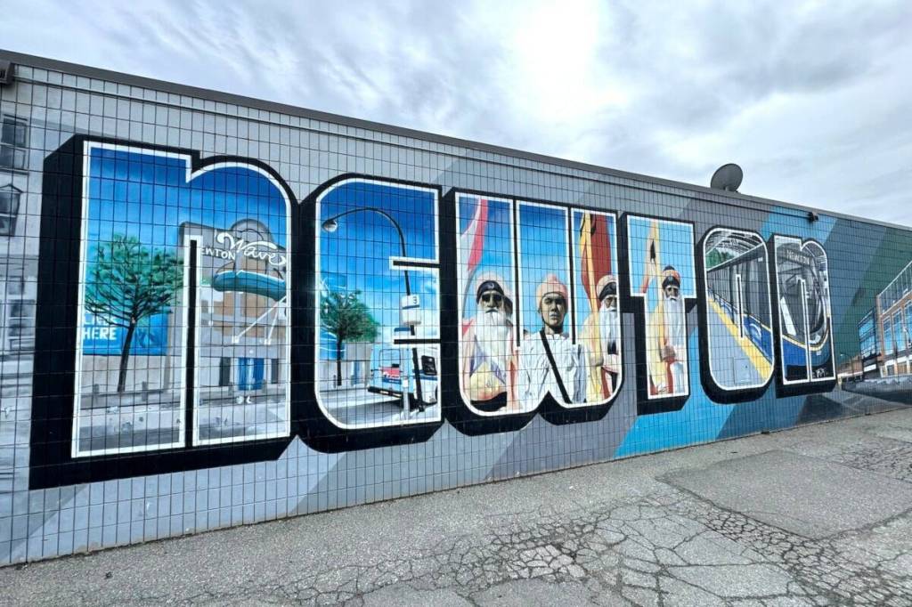 Newton mural on the side of a commercial building near the intersection of 72 Avenue and King George Boulevard in Surrey. (File photo)