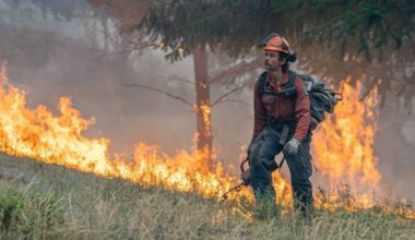 A B.C. Wildfire Service firefighter works on the McDougall Creek Fire in West Kelowna in 2023. (Photo courtesy B.C. Wildfire Service)