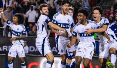 Whitecaps FC players celebrate a goal during a game in 2025. (facebook.com/whitecapsfc/photos)