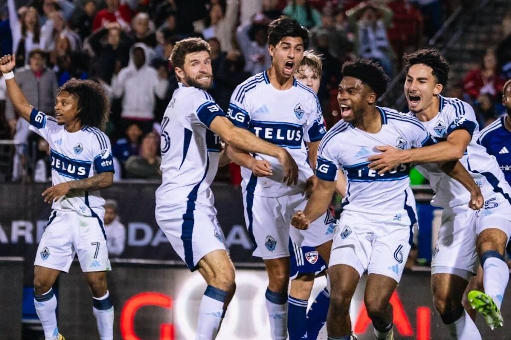 Whitecaps FC players celebrate a goal during a game in 2025. (facebook.com/whitecapsfc/photos)