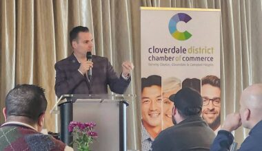 Tore Jacobsen, chair of the Fraser Valley Real Estate Board and managing broker with McDonald Realty, was in Cloverdale Feb. 19 to chat, transit, infrastructure, and the 2026 B.C. provincial budget. (Photo: Malin Jordan)