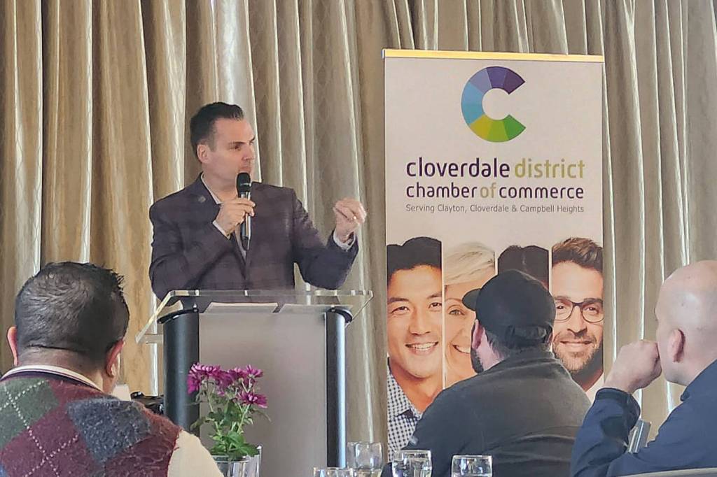 Tore Jacobsen, chair of the Fraser Valley Real Estate Board and managing broker with McDonald Realty, was in Cloverdale Feb. 19 to chat, transit, infrastructure, and the 2026 B.C. provincial budget. (Photo: Malin Jordan)
