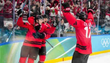 Team Canada&rsquo;s Nathan MacKinnon (29) celebrates scoring a go ahead goal against Finland with teammates Sam Reinhart (13) and Macklin Celebrini (17) during the third period in men&rsquo;s ice hockey semi-finals at the Milano Cortina 2026 Olympic Winter Games in Italy on Friday, February 20, 2026. Photo by Leah Hennel/COC MANDATORY CREDIT