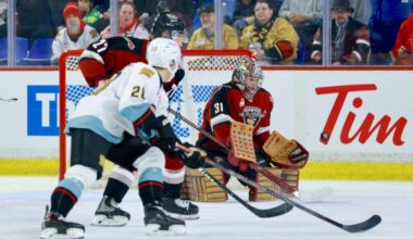 Kelton Pyne made 27 saves and Colton Gerrior scored the game-winning goal late in the third period as the Giants downed Winterhawks 2-1 in Langley Saturday. (Rob Wilton, Vancouver Giants/Special to Langley Advance Times)