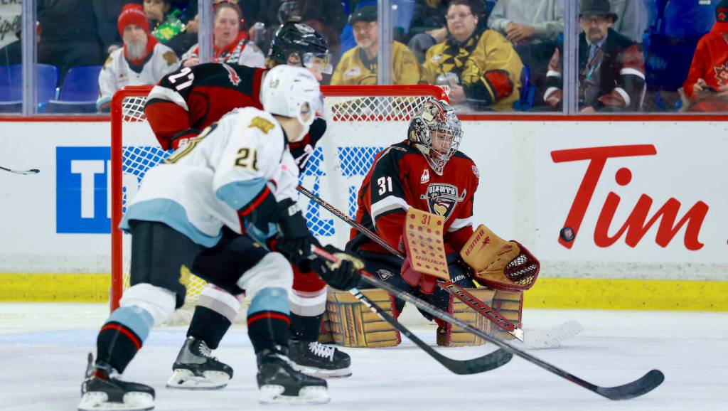 Kelton Pyne made 27 saves and Colton Gerrior scored the game-winning goal late in the third period as the Giants downed Winterhawks 2-1 in Langley Saturday. (Rob Wilton, Vancouver Giants/Special to Langley Advance Times)