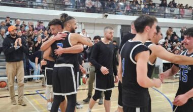 The Skidegate Saints celebrate their victory in the Senior Division of the 2026 All Native Basketball Tournament on Feb. 21. (Thom Barker/Black Press Media)