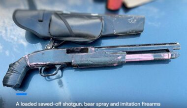 CFSEU released images of some of the items seized from a Langley man who was arrested in Surrey and found with multiple weapons, including a sawed-off shotgun. (CFSEU-BC)