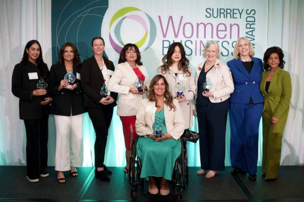 Winners and business leaders at the 2025 Surrey Women in Business Awards are, from left, Jasmin Dhanda, Arshita Saini, Andrea Roberts, Supneet Chawla, Susan Bains (seated), Farah Rattansi, Rhea Hubbard, Joslyn Young and Indra Bhan. (File photo)