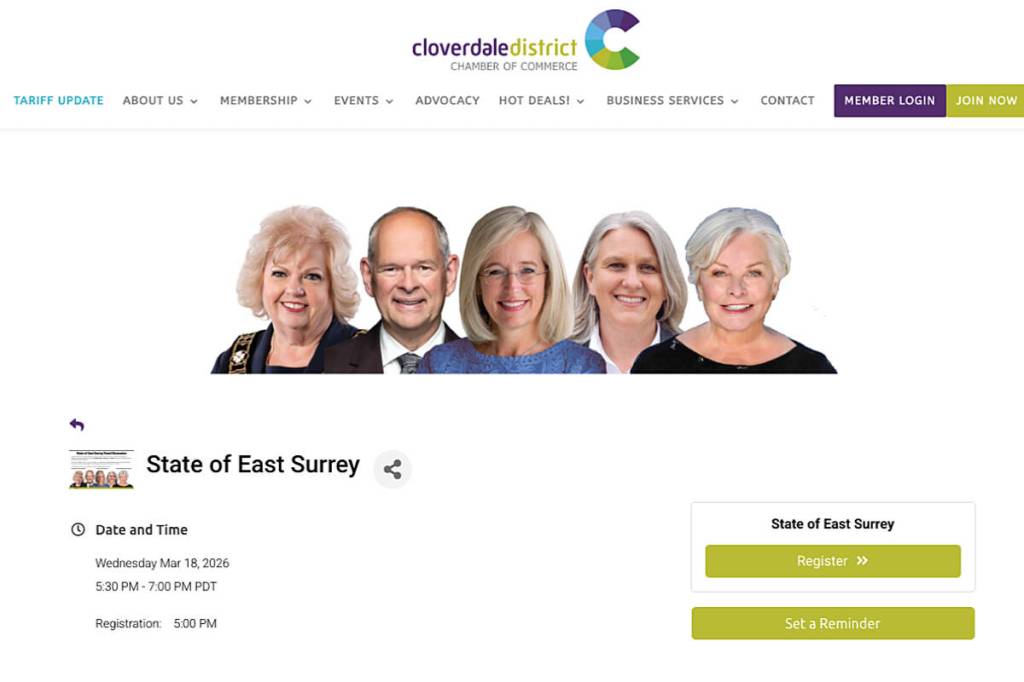 Representatives from all three levels of government will be in Cloverdale in March to address the &ldquo;State of East Surrey.&rdquo; (Screenshot Image via cloverdalechamber.ca)