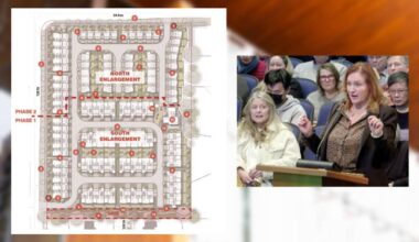Surrey council on Feb. 23, 2026 heard from dozens of speakers regarding an 89-unit townhome project proposed for 128 Street and 24 Avenue in Ocean Park. (City of Surrey/video screenshot)