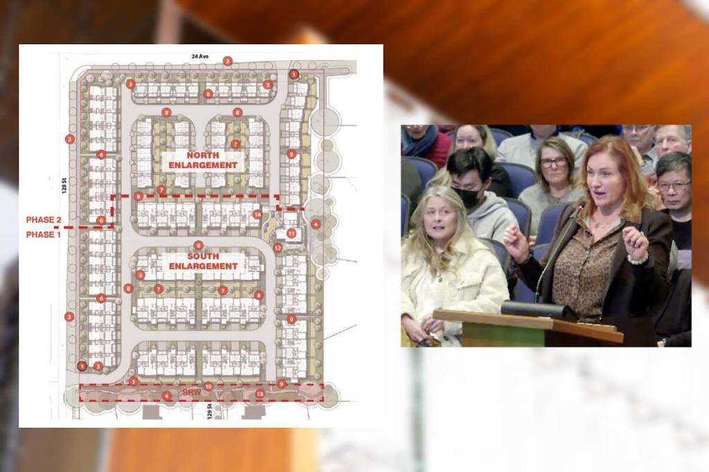 Surrey council on Feb. 23, 2026 heard from dozens of speakers regarding an 89-unit townhome project proposed for 128 Street and 24 Avenue in Ocean Park. (City of Surrey/video screenshot)