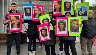 Families rallied outside of the Surrey RCMP headquarters on Feb. 22, wanting Justice for their lost loved ones. (Grace McLeod/Peace Arch News)