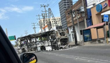 The remains of a bus in Puerto Vallarta, Mexico. Vehicles around the city were destroyed by cartel members in response to the government&rsquo;s killing of their leader on Feb. 22. (Janine Pierson)