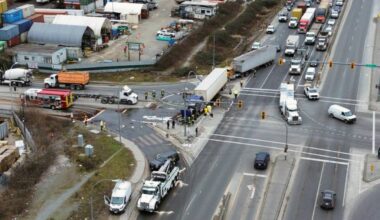 A semi-truck travelling westbound on Highway 17 in Surrey struck multiple light poles and a traffic light signal Feb. 25, 2026. (1st Due Media/ Contributed to Surrey Now-Leader)