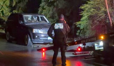 Surrey Police said Monday (Feb. 23) that there have been 56 extortions reported, 11 extortion-related shootings, and 32 distinct victims (18 repeat) in 2026 including the Crescent Road and 132 Street (pictured) shooting. Residents affected by B.C.&rsquo;s extortion crisis are being asked to share their thoughts with a new community advisory group. (FILE: 1st Due Media/Contributed to Peace Arch News)