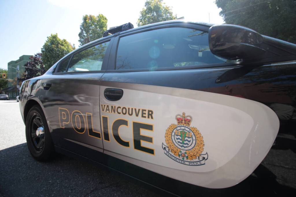 A Vancouver Police Department cruiser parked on Cordova Street on July 23, 2025. (Lauren Collins/Black Press Media)