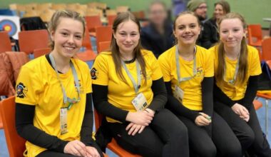 L-R: Taryn Mutcher, Jorja Shortridge, Delilah Gawryluk and Kinsley Brulotte are four archers on a ten-person team respresenting Zone 1 Kootenays in the Trail-Rossland 2026 BC Winter Games. (Sheri Regnier/Trail Times)