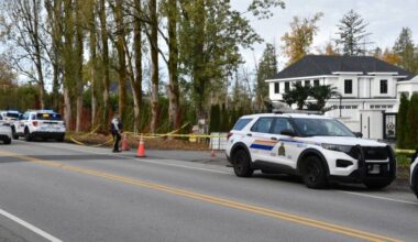 A home in the 17000-block of 32 Avenue, seen here after a shooting on Saturday, Nov. 8. Three foreign nationals have now been charged with extortion in connection with the shooting. (Curtis Kreklau/Contributed to Black Press Media)