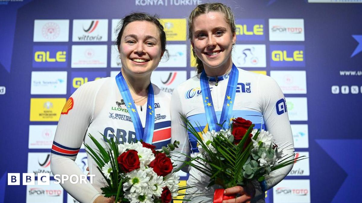 Sophie Capewell and Emma Finucane smiling with medals around the necks and holding flowers