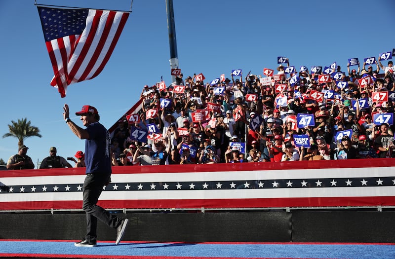 COACHELLA, CALIFORNIA - OCTOBER 12: Actor Dennis Quaid walks offstage after speaking at a campaign rally for Republican presidential nominee, former U.S. President Donald Trump on October 12, 2024 in Coachella, California. With 24 days to go until election day, former President Donald Trump is detouring from swing states to hold the rally in Democratic presidential nominee, Vice President Kamala Harris' home state. (Photo by Mario Tama/Getty Images)