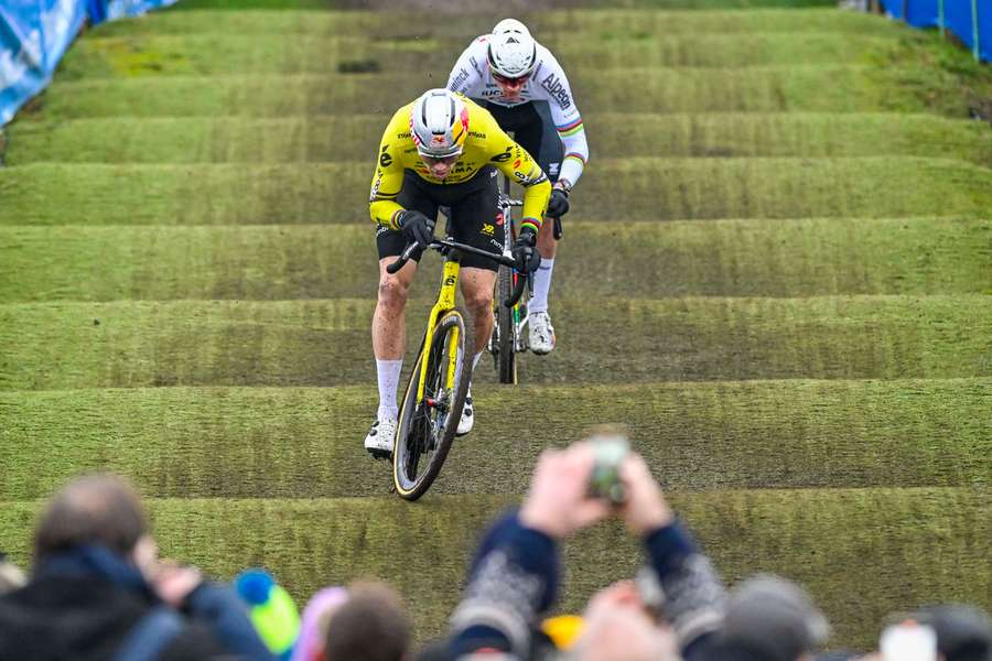Wout van Aert (front) battles with Mathieu van der Poel during a cyclo-cross race in Loenhout, Belgium