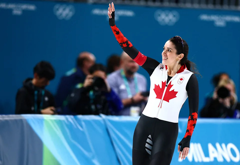 Milano Cortina 2026 Olympics - Speed Skating - Women's 1000m - Milano Speed Skating Stadium, Milan, Italy - February 09, 2026. Beatrice Lamarche of Canada reacts after competing REUTERS/Guglielmo Mangiapane