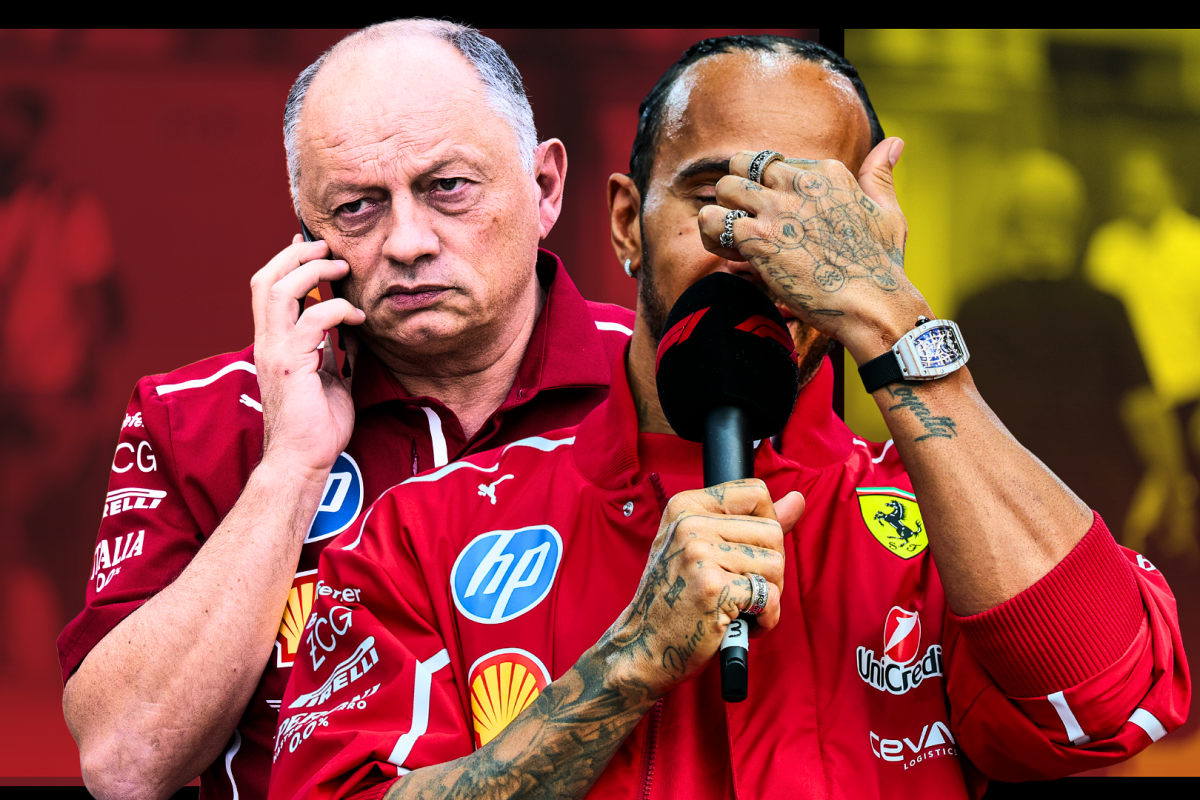 Angry Vasseur on the phone edited behind Hamilton covering his face with his hand in Ferrari F1 kit