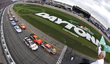 Chase Briscoe, driver of the #19 Bass Pro Shops Toyota leads the field to the green flag to start the NASCAR Cup Series Daytona 500 at Daytona International Speedway on February 16, 2025 in Daytona Beach, Florida. (Photo by Sean Gardner/Getty Images for NASCAR)