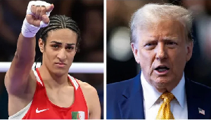 Olympic boxer Imane Khelif (L) has denied transgender allegations by President Trump (R)