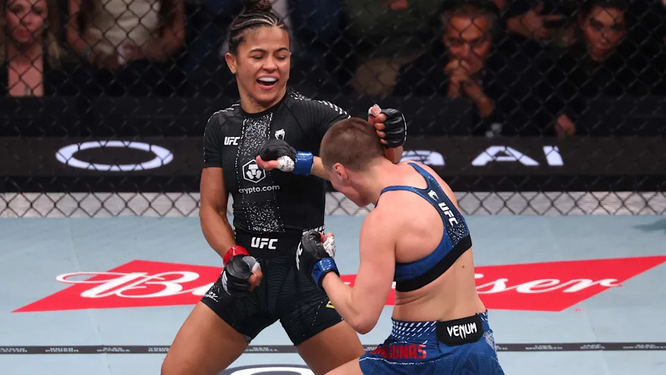 LAS VEGAS, NEVADA - JANUARY 24: (R-L) Rose Namajunas trades strikes with Natalia Silva of Brazil during the UFC 324 event at T-Mobile Arena on January 24, 2026 in Las Vegas, Nevada. (Photo by Ed Mulholland/Zuffa LLC)