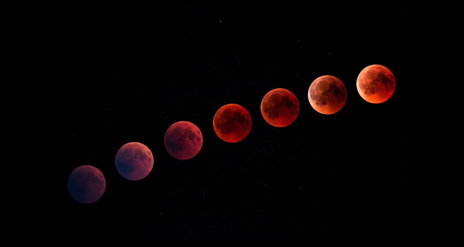 stages of the total lunar eclipse show the moon turn a progressively red colour.