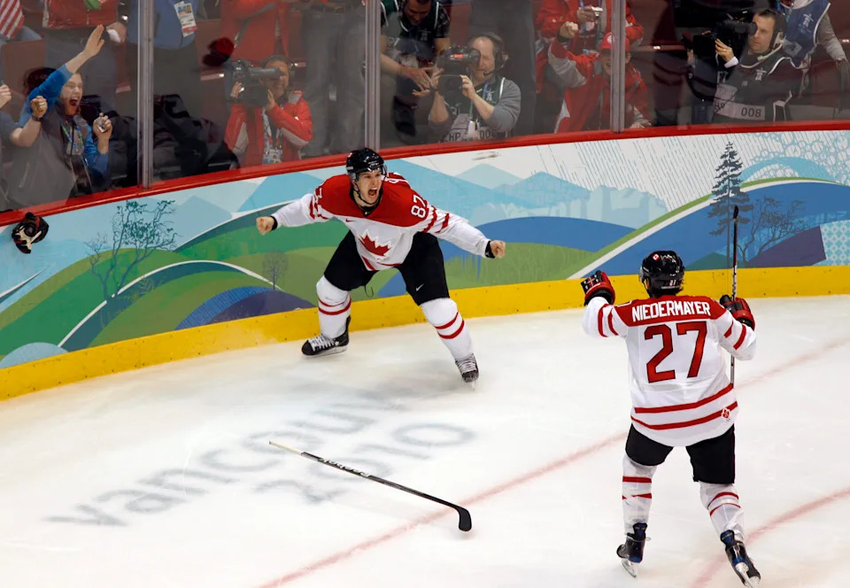 Canada's Sidney Crosby celebrates his game winning goal during overtime period men's ice hockey gold medal final at the 2010 Winter Olympic Games in Vancouver, Sunday, Feb. 28, 2010.  THE CANADIAN PRESS/Paul Chiasson