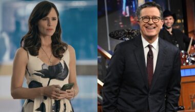 From left to right: Jennifer Garner holding a phone in The Last Thing He Told Me and Stpehen Colbert standing with his hands in his pockets on The Late Show.
