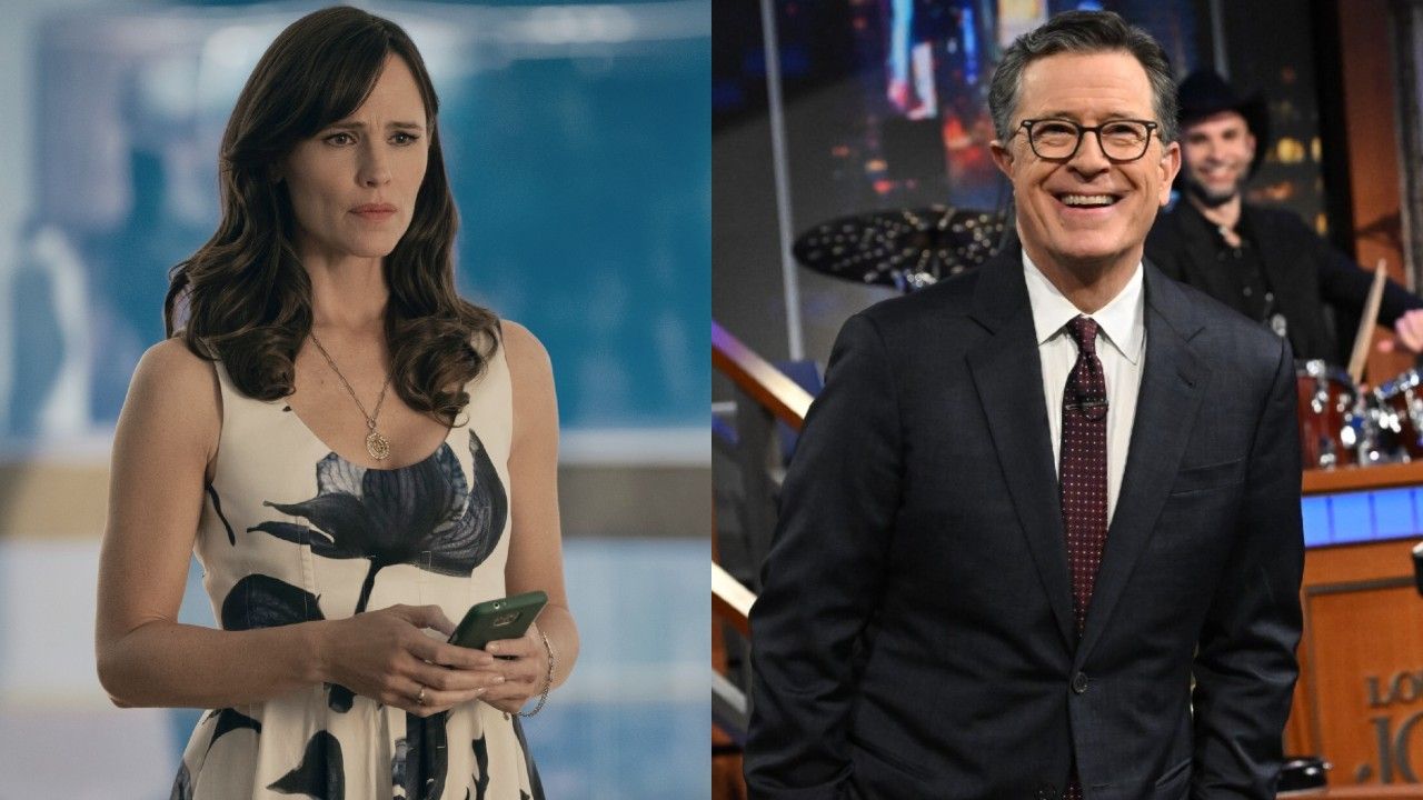 From left to right: Jennifer Garner holding a phone in The Last Thing He Told Me and Stpehen Colbert standing with his hands in his pockets on The Late Show.