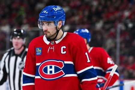 Jan 10, 2026; Montreal, Quebec, CAN; Montreal Canadiens center Nick Suzuki (14) looks on against the Detroit Red Wings during the third period at Bell Centre.