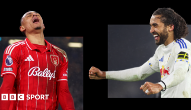 A graphic of Premier League players from every team in the division in 2025-26 season, with the Premier League trophy in front of them.