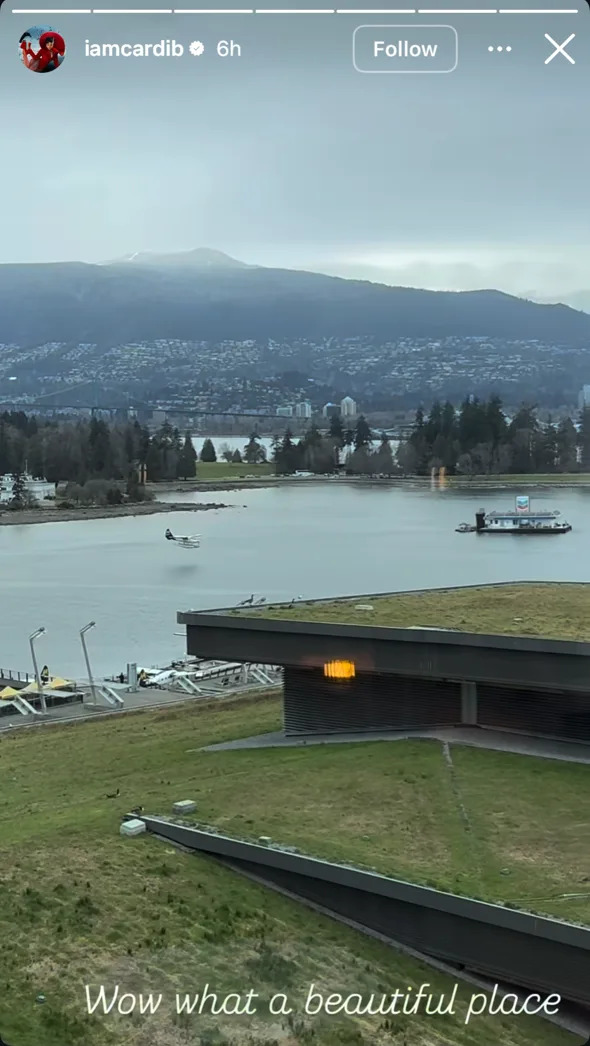  Cardi B is in Vancouver for a concert at Rogers Arena. The star shared a video from her hotel on Feb. 20, 2026. Via Instagram @iamcardib.