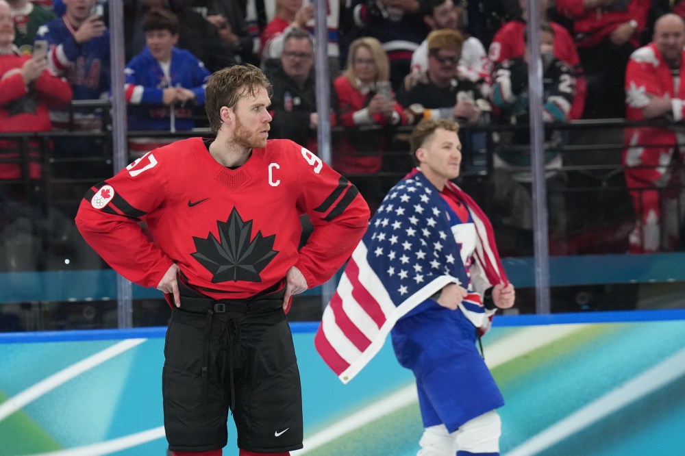 Canada's Connor McDavid (97) reacts after losing to the United States in the men's ice hockey gold medal game at the 2026 Winter Olympics, in Milan, Italy, Sunday, Feb. 22, 2026. THE CANADIAN PRESS/Nathan Denette