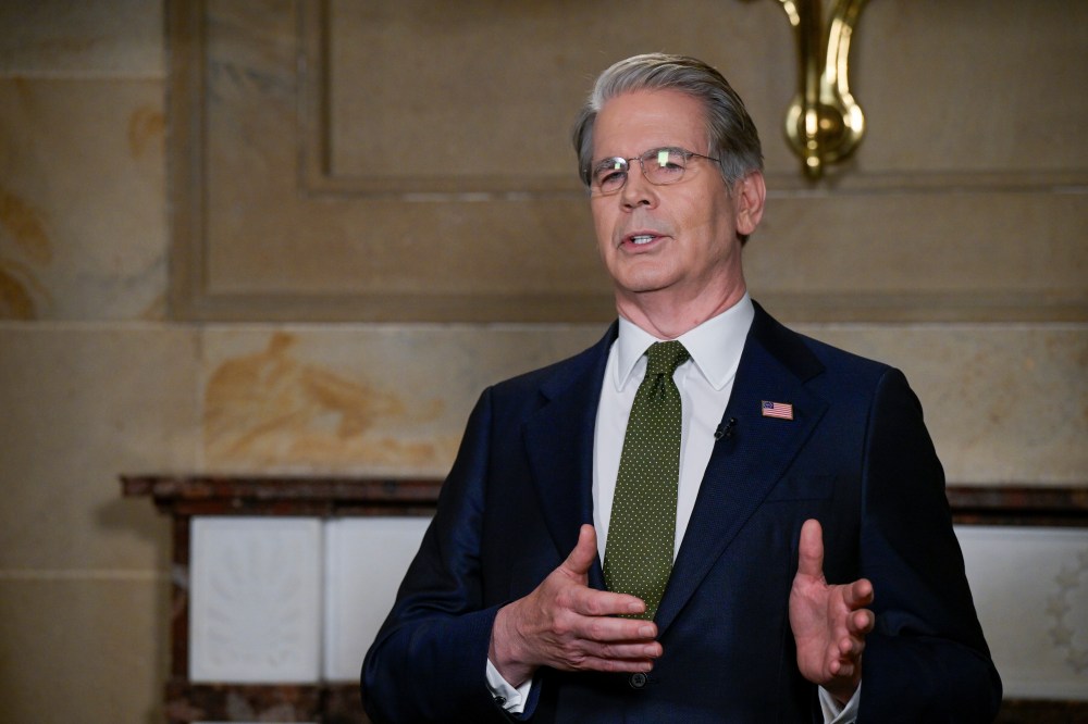 Secretary of the Treasury Scott Bessent speaks during an interview following President Donald Trump's State of the Union address to a joint session of Congress in the House chamber at the U.S. Capitol in Washington, Tuesday, Feb. 24, 2026. (AP Photo/Rod Lamkey, Jr.)