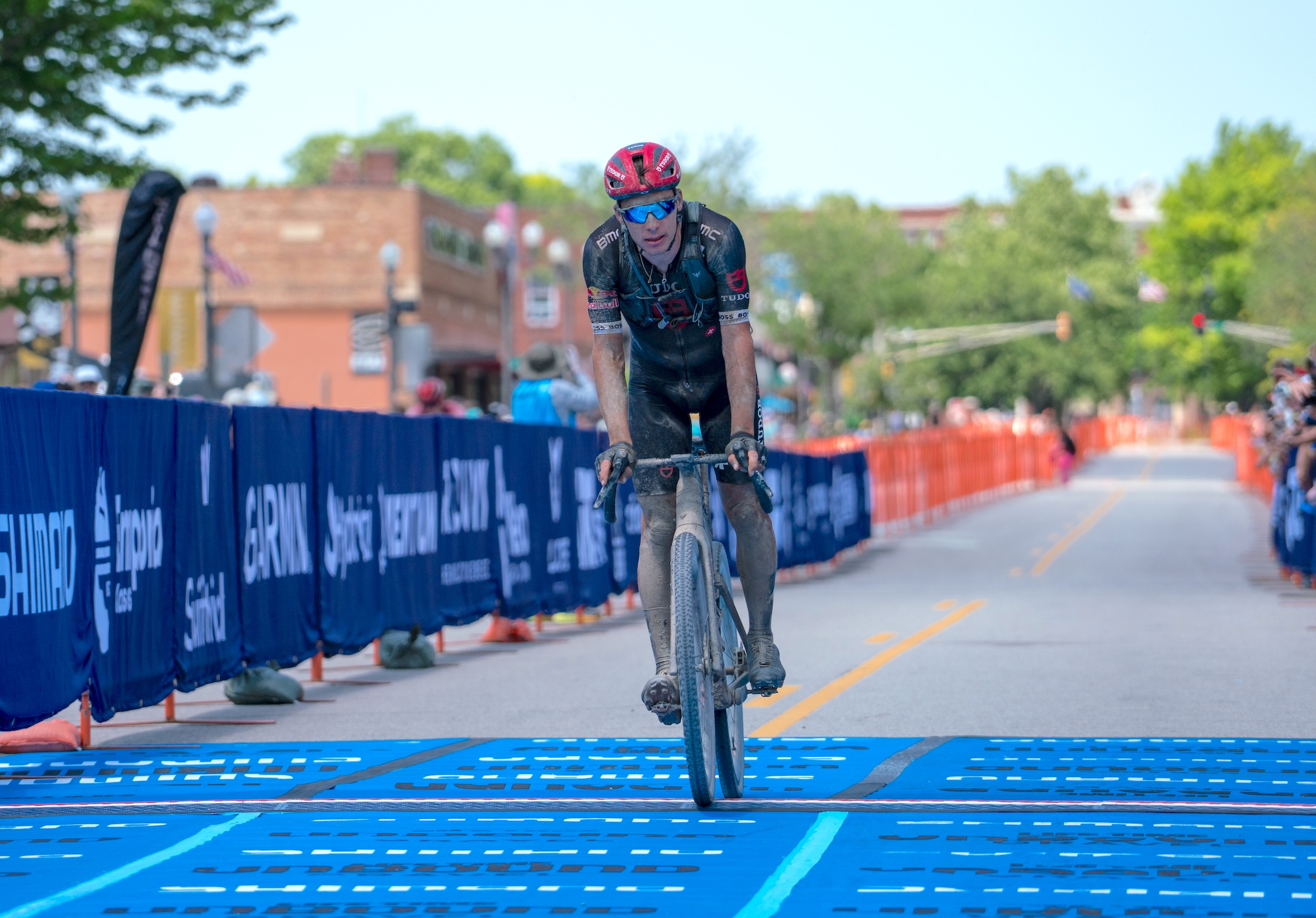 Simon Pellaud (Tudor Pro Cycling) crosses the line in Emporia for second place