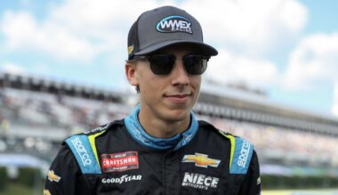 Feb 11, 2026; Daytona Beach, Florida, USA; NASCAR Cup Series driver Tyler Reddick (45) speaks to the media during the Daytona 500 Media Day at Daytona International Speedway.