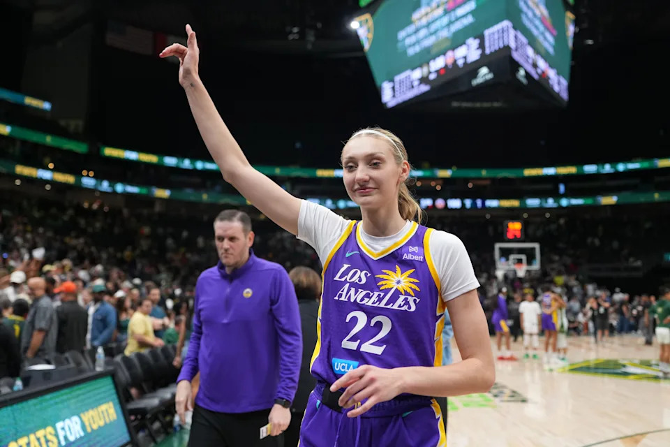 Cameron Brink of the Los Angeles Sparks celebrates a win in double overtime over the Seattle Storm.