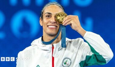 Boxer Imane Khelif of Team Algeria celebrates as she wins gold medal at the Olympic Games Paris 2024