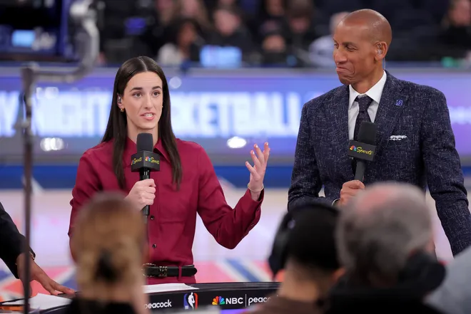 Feb 1, 2026; New York, New York, USA; WNBA star Caitlin Clark (left) and NBA former player Reggie Miller broadcast on the court for NBC before a game between the New York Knicks and the Los Angeles Lakers at Madison Square Garden. Mandatory Credit: Brad Penner-Imagn Images