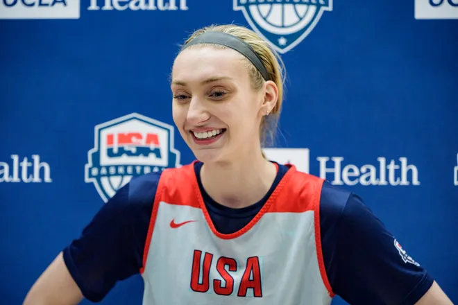 Cameron Brink addresses the media during the United States Women's Basketball Team training camp at Duke University.