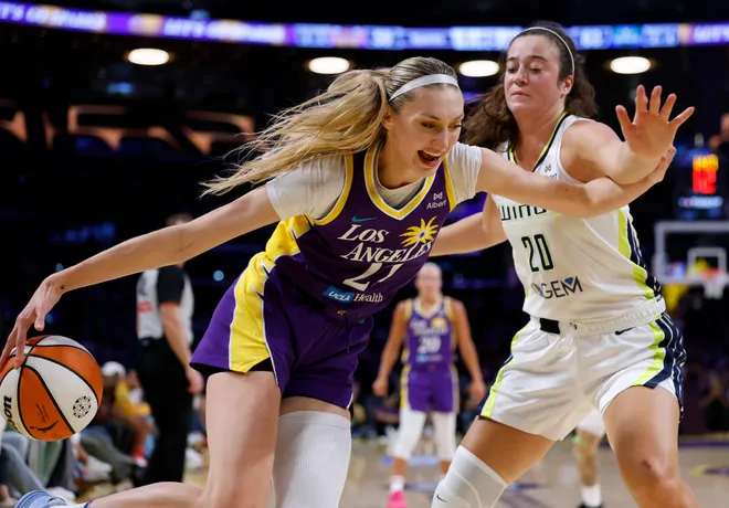 Cameron Brink of the Los Angeles Sparks reacts.