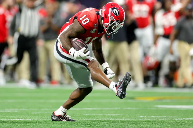 Kearis Jackson #10 of the Georgia Bulldogs reacts after a catch during the fourth quarter against the Ohio State Buckeyes in the Chick-fil-A Peach Bowl