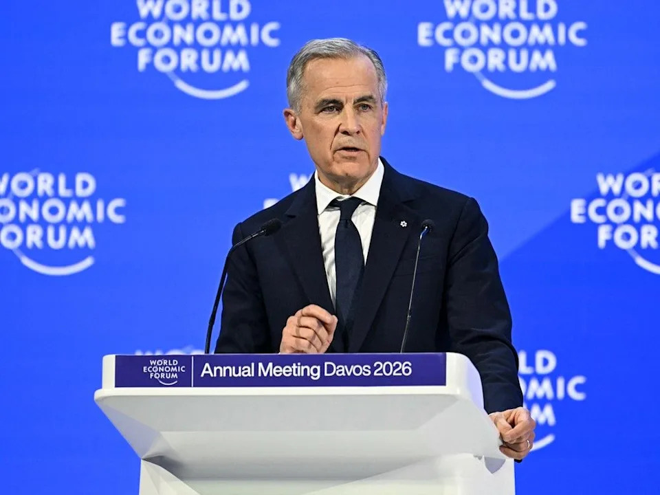 Canada’s Prime Minister Mark Carney delivers a speech during the World Economic Forum (WEF) annual meeting in Davos on January 20, 2026.