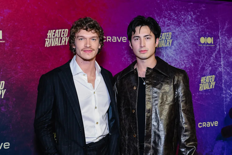 Hudson Williams, right, and Connor Storrie attend the premiere of "Heated Rivalry" at TIFF Lightbox in Toronto on Nov. 24, 2025.